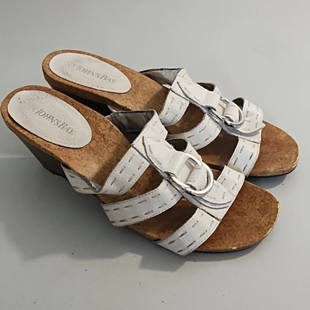 White Wedge Sandals with Leather Straps Stitching Cork Soles